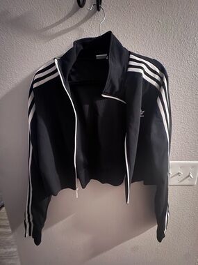 adidas Black Cropped Varsity Jacket with White Stripes